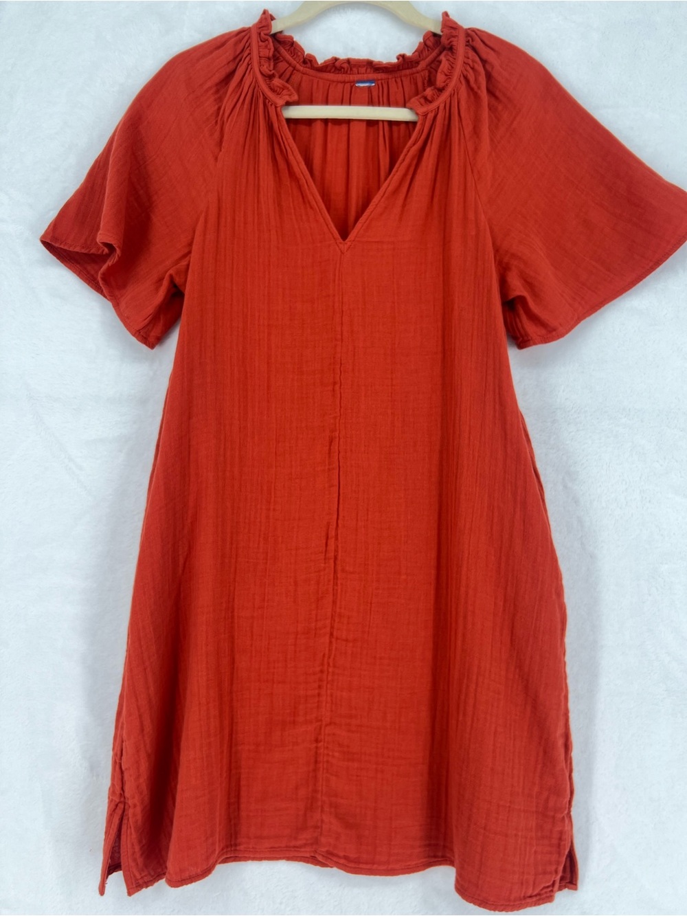 Old Navy Short Sleeve Split Neck 100% Cotton Gauze Dress Pockets Sz XS Rust